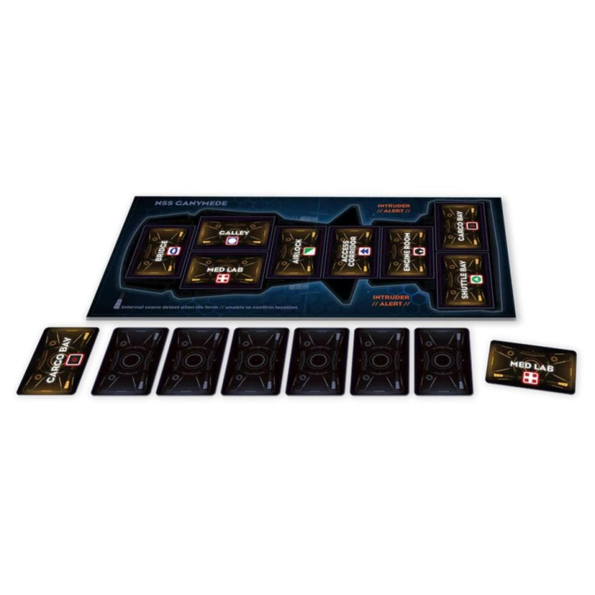 space ship board game components on a white background, including a dark blue game board, multiple black cards, and a small Med Lab token card.