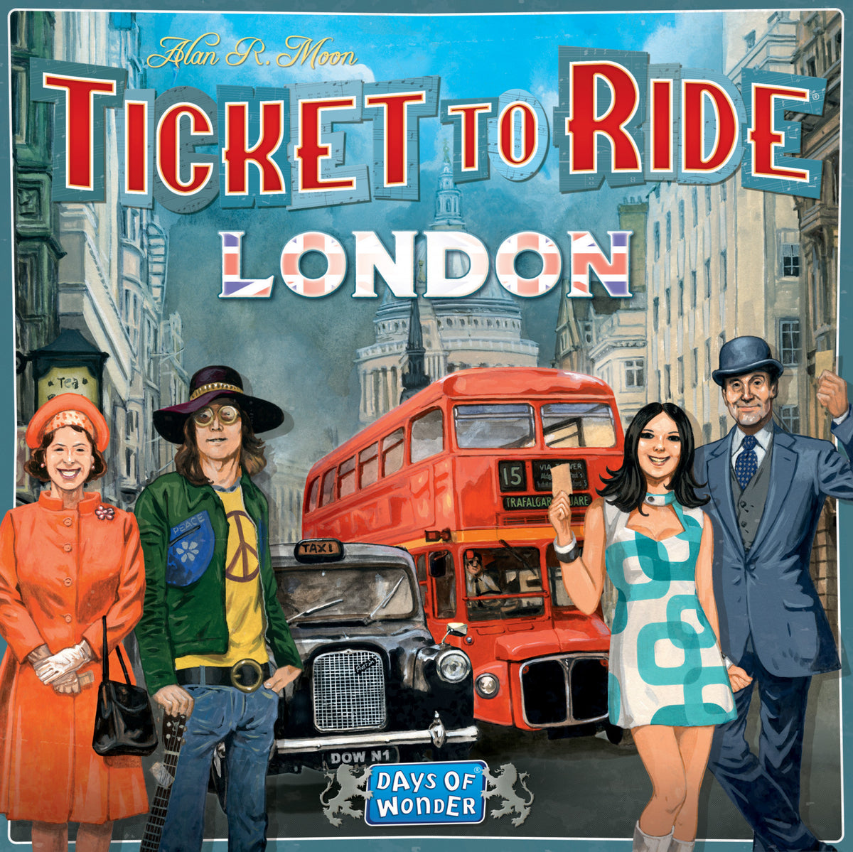 Board game cover for 'Ticket to Ride London' with characters and a red double-decker bus.