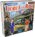 Board game box for 'Ticket to Ride New York' with vintage-style illustration of people and a taxi.