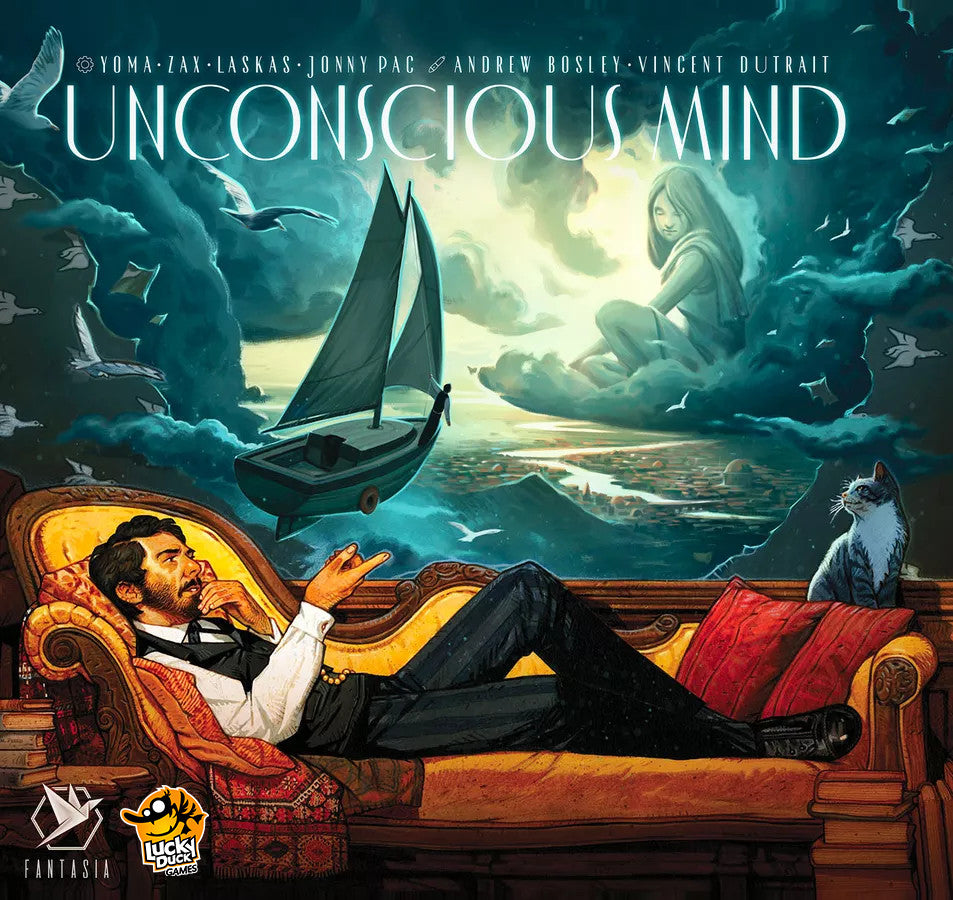 Board game cover titled 'Unconscious Mind' with a man in a chair, sailboat, and dreamlike background.