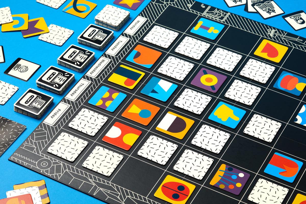Board game with colorful tiles on a grid layout
